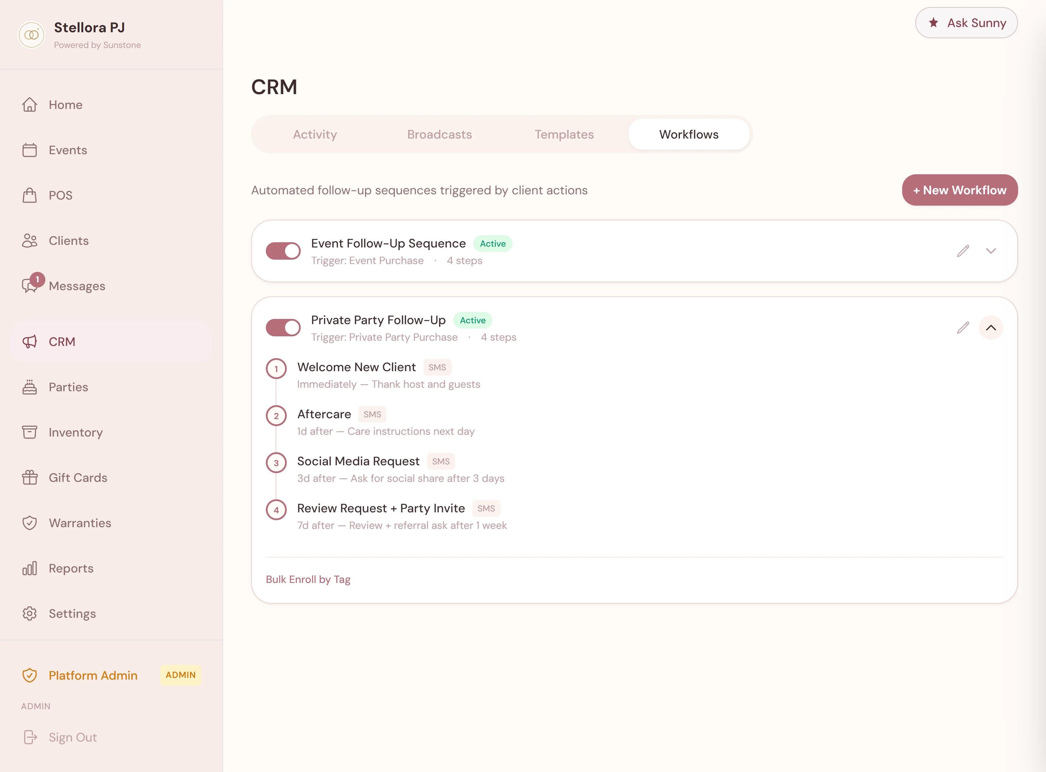 Client profile showing purchase history, automated follow-ups, and CRM workflow configuration