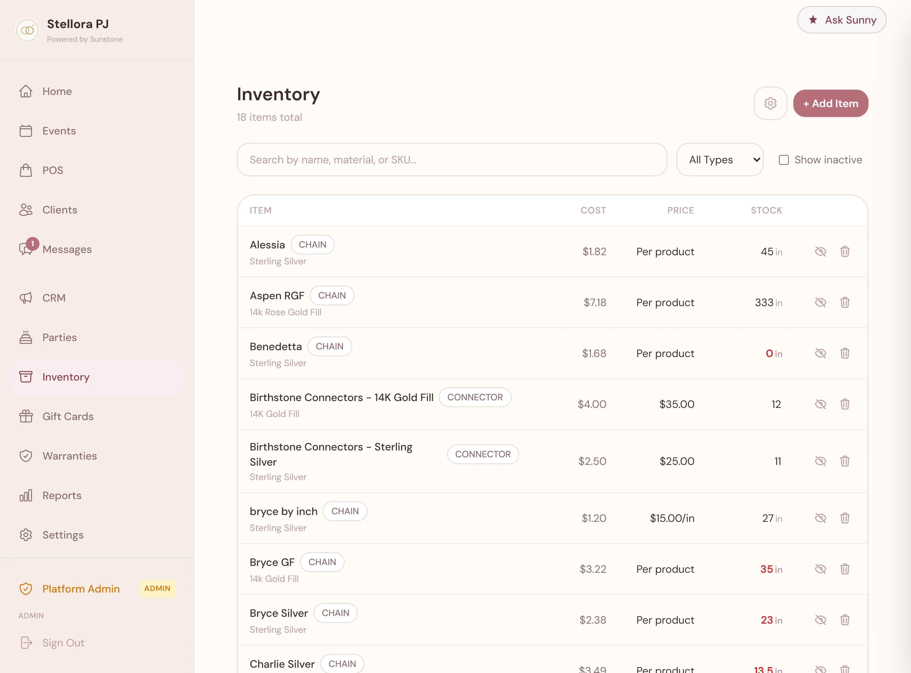 Inventory management showing chains tracked by the inch with stock levels and reorder thresholds