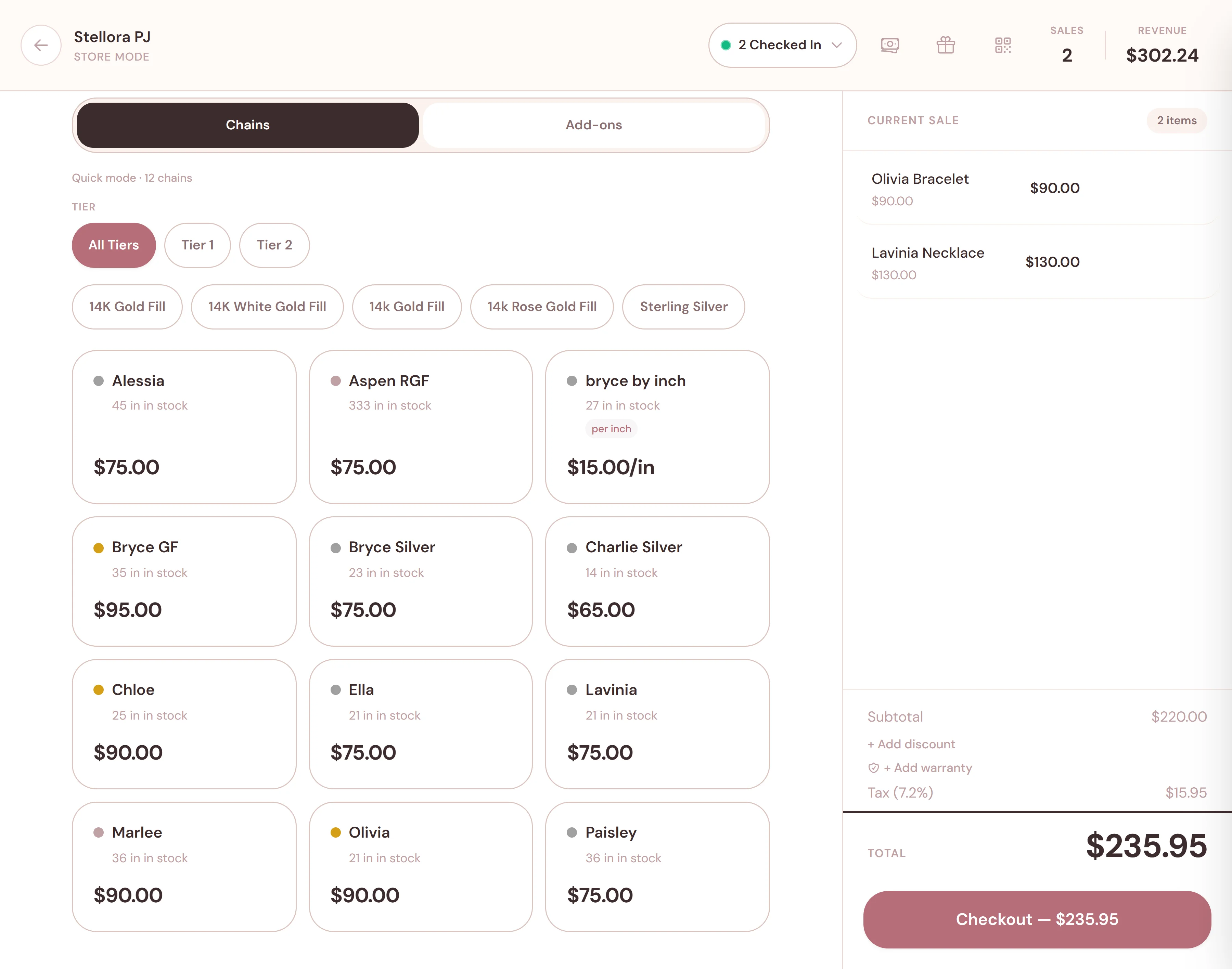 Sunstone Studio POS interface on tablet showing event mode with product selection and cart