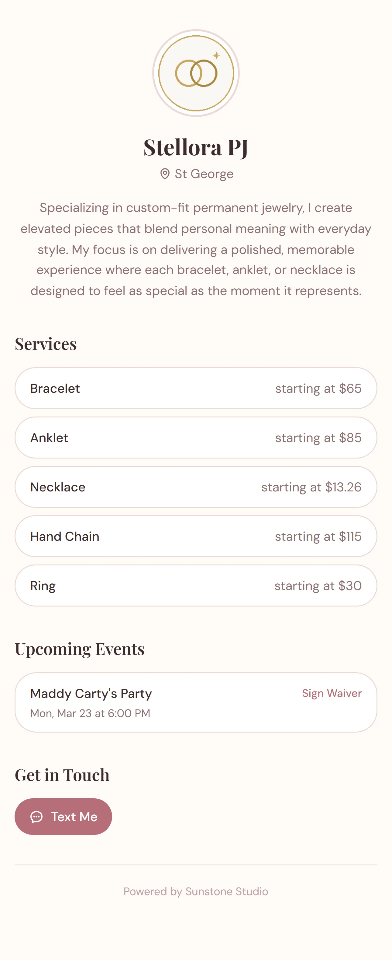 Mobile artist storefront showing services, upcoming events, and party booking form