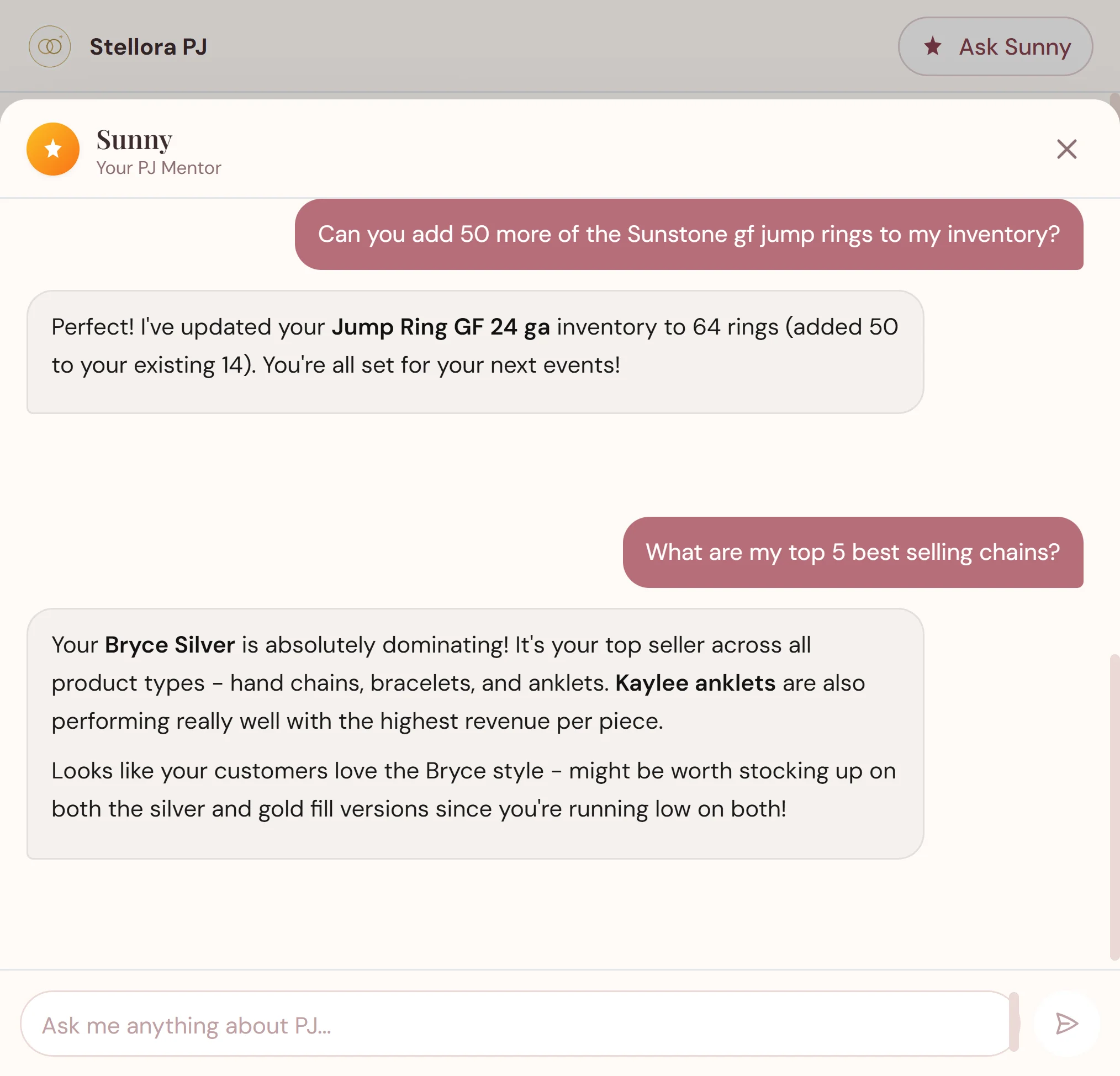 Sunny AI mentor showing detailed chain knowledge and weld setting recommendations